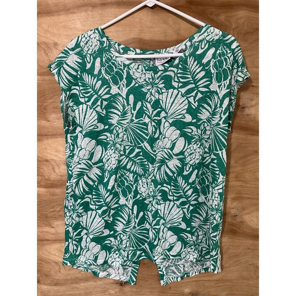 NICOLE MILLER Womens XL Green Flower Print 100% Linen Short Slv Top Tee Shirt